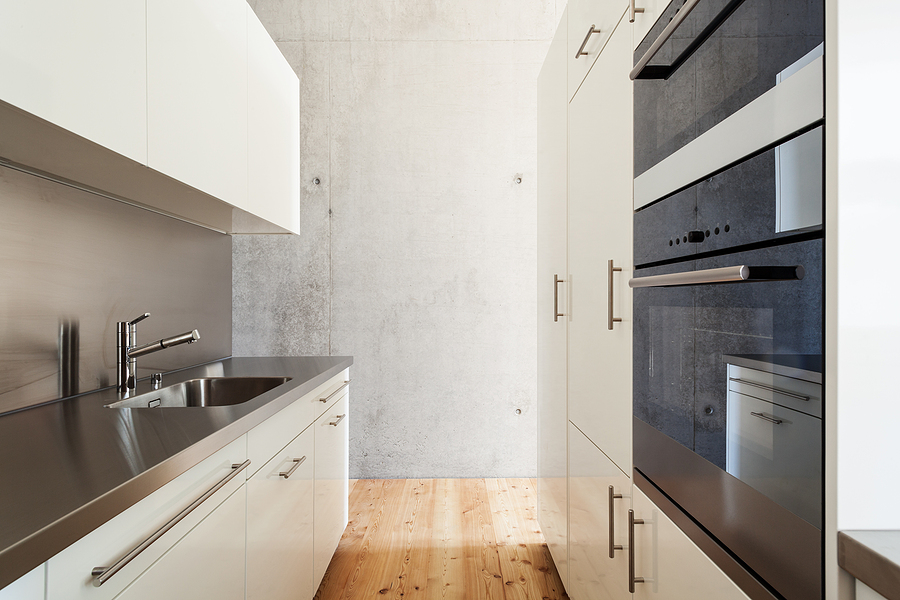 Bright galley kitchen without windows.